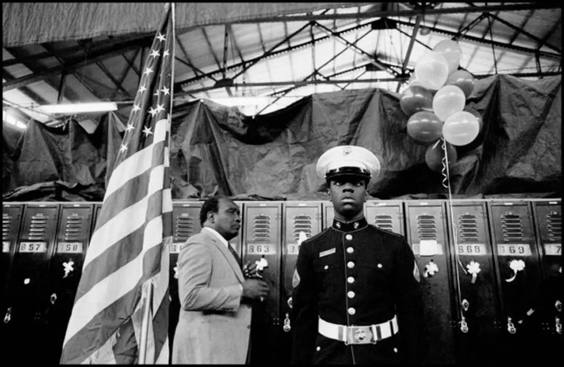 USA. New York City. 168th street.
African American guard stands at welcome home ceremony at 168th street armory for black veterans of the Persian Gulf War.