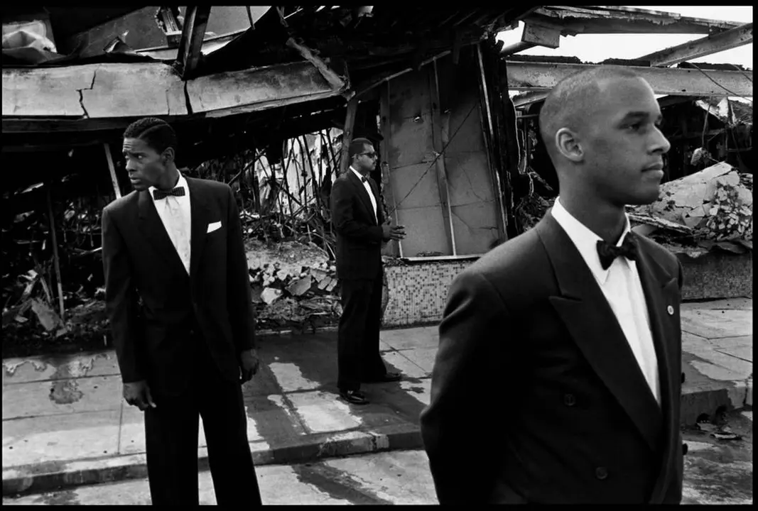 USA. Los Angeles. 1992. Members of the Nation of Islam among the ruins of the Rodney King riots.