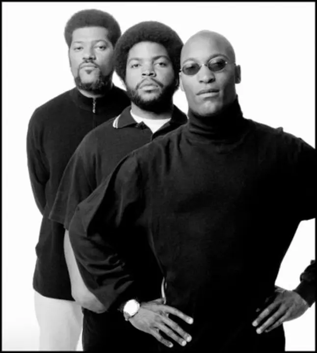 United States. California. Los Angeles. Film Director John SINGLETON, Rap artist, ICE CUBE, and actor Laurence FISHBURNE.
