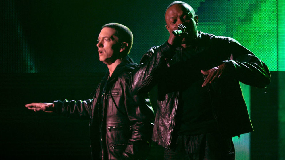 LOS ANGELES, CA - FEBRUARY 13:  Eminem and Dr. Dre perform onstage during The 53rd Annual GRAMMY Awards held at Staples Center on February 13, 2011 in Los Angeles, California.  (Photo by Kevin Winter/Getty Images)