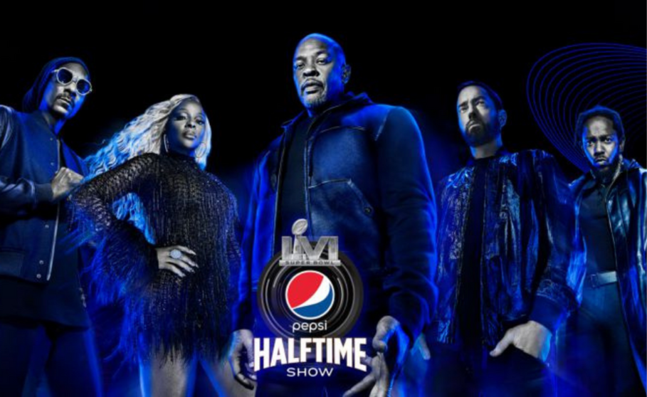 Imagen del cartel de la Super Bowl 2022 con Snoop Dogg, Dr.Dre, Kendrick Lmar y Eminem.