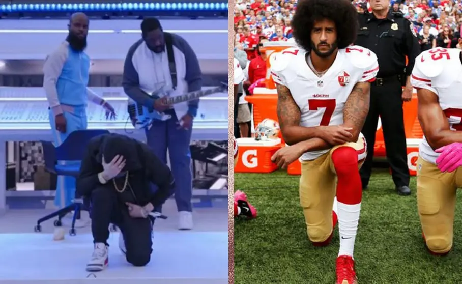 Eminem arrodillado en la Superbowl como Colin Kaepernick