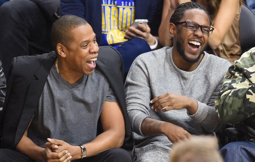 LOS ANGELES, CA - FEBRUARY 20:  Jay-Z (L) and Kendrick Lamar attend a basketball game between the Golden State Warriors and the Los Angeles Clippers at Staples Center on February 20, 2016 in Los Angeles, California.  (Photo by Noel Vasquez/GC Images)