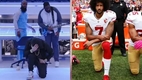 Eminem arrodillado en la Superbowl como Colin Kaepernick
