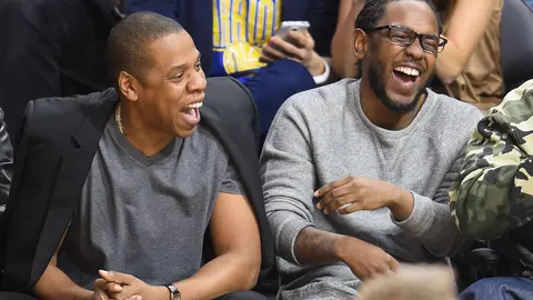 LOS ANGELES, CA - FEBRUARY 20:  Jay-Z (L) and Kendrick Lamar attend a basketball game between the Golden State Warriors and the Los Angeles Clippers at Staples Center on February 20, 2016 in Los Angeles, California.  (Photo by Noel Vasquez/GC Images)