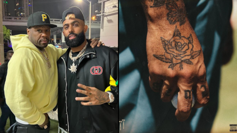 Eladio Carri&oacute;n junto a 50 Cent y su portada de 3MEN2KBRN