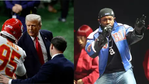 Kendrick Lamar y Donald Trump durante el show de la Super Bowl 2025. Fotos Bob Kupbens-Icon Sportswire (v&iacute;a Getty Images)