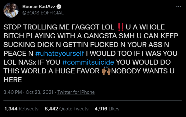 Captura del mensaje en twitter de Boosie Badazz