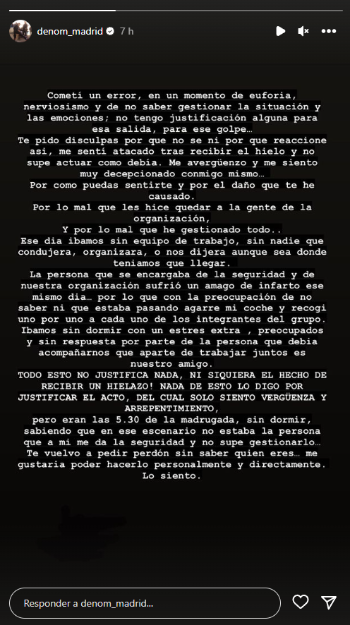 Captura de pantalla de la Story del comunicado de disculpas de Denom