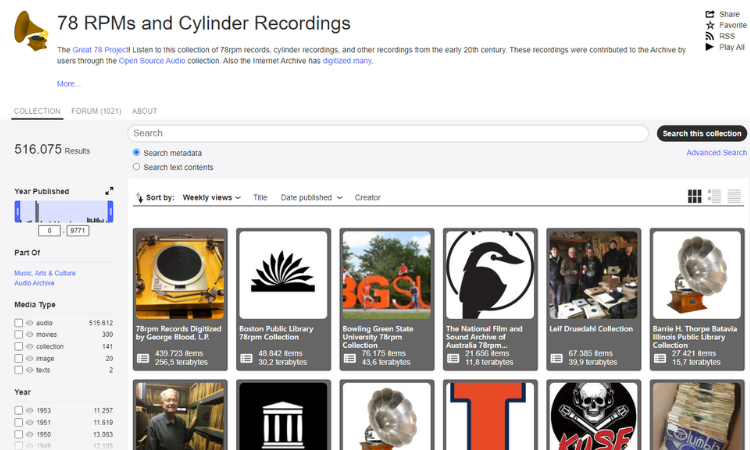 Captura hecha del proyecto "The Great 78" de Internet Archive