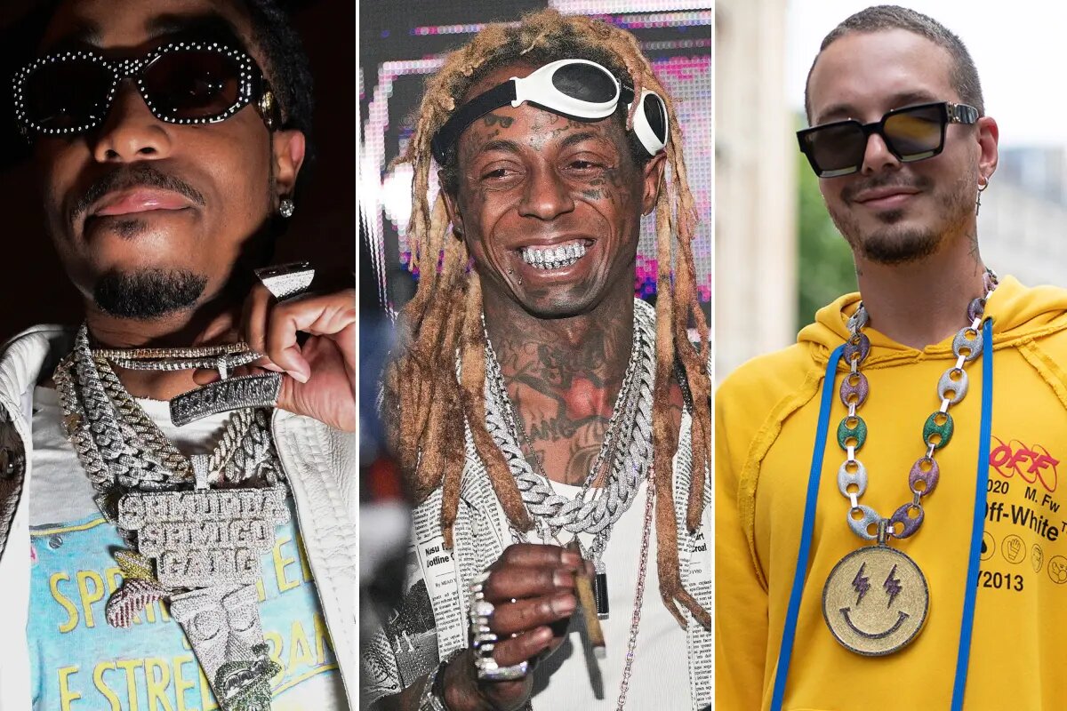 Quavo, Lil Wayne y J Balvin con sus chains. Imágenes de Wirelmage, GC y New York Post.
