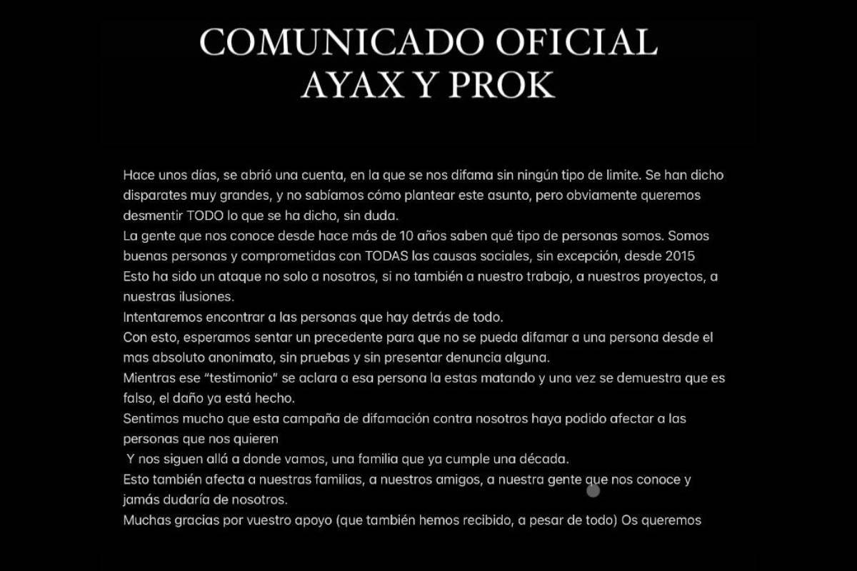 Comunicado oficial de Ayax y Prok sobre las acusaciones recibidas