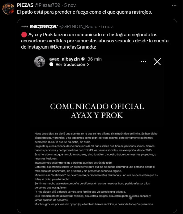 Mensaje de Piezas en su perfil de X.