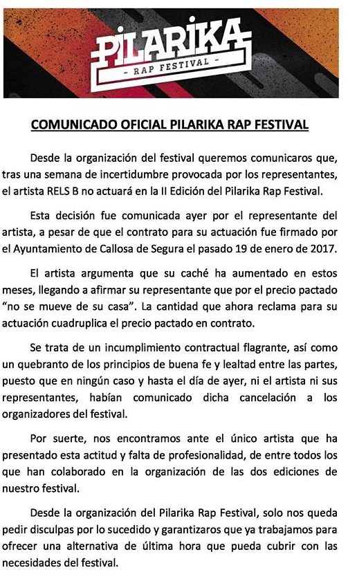 Rels B no actuará en el Pilarika Rap Festival por exigir más dinero